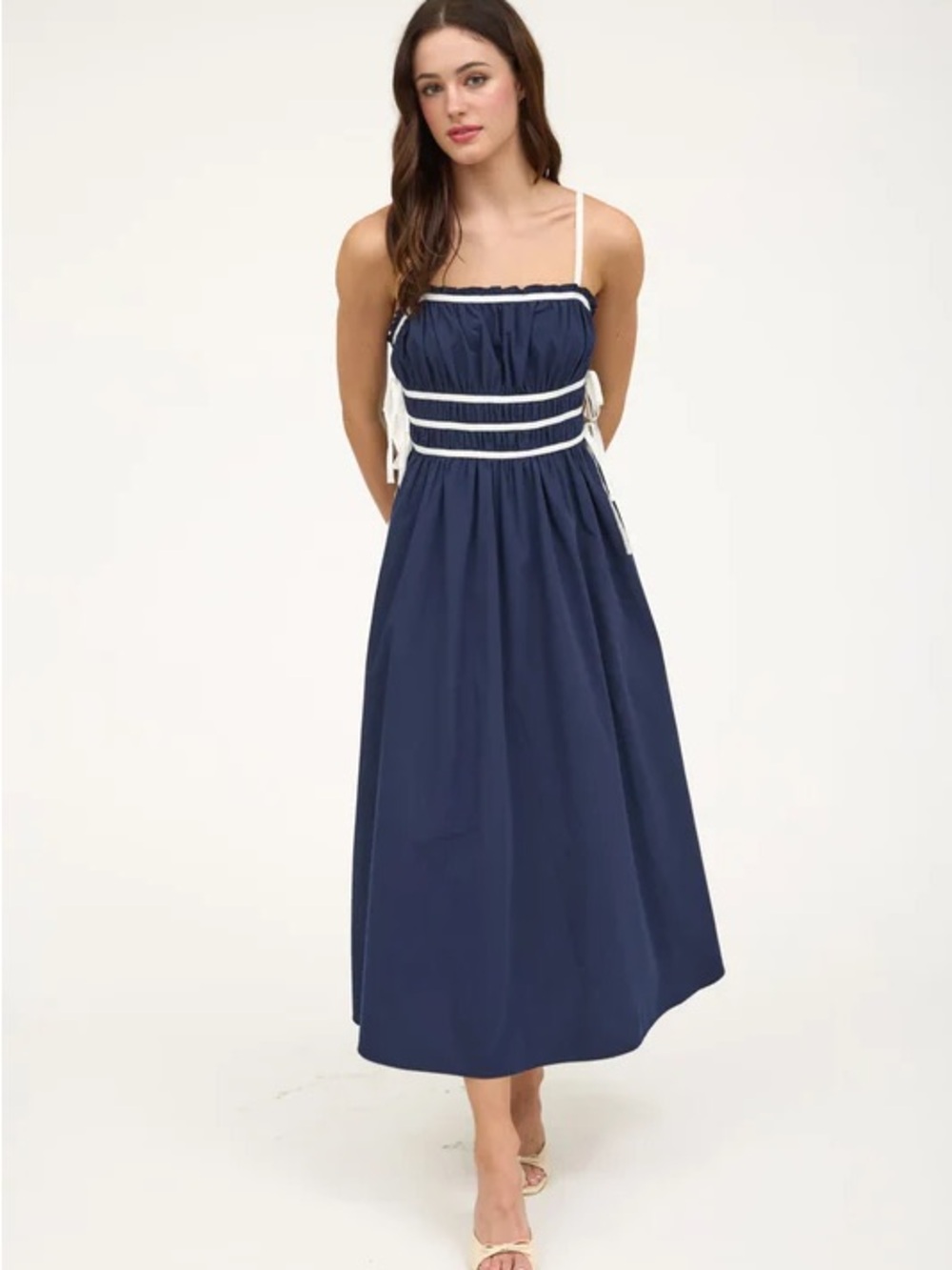 Navy Midi Dress with White Trim and Spaghetti Straps Size L 100% Cotton